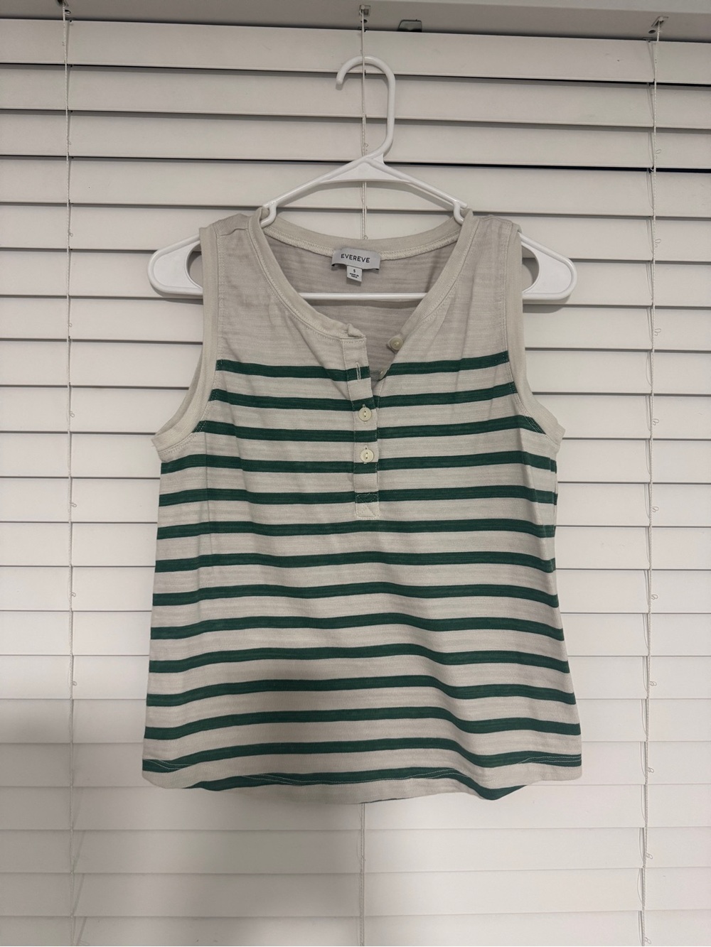 Evereve Cream and Green Striped Sleeveless Henley Tank